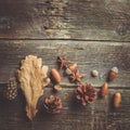 Autumn composition. Frame made of autumn dried leaves on dark wooden vintage background. Royalty Free Stock Photo