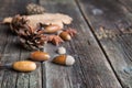 Autumn composition. Frame made of autumn dried leaves on dark wooden vintage background. Royalty Free Stock Photo