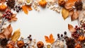 Autumn composition. Frame made of pumpkins, leaves and berries on white background. Flat lay, top view, copy space Royalty Free Stock Photo