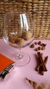autumn composition. glass, flask, wine corks, acorns, cinnamon