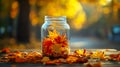 Autumn composition with glass jar and autumn leaves Royalty Free Stock Photo