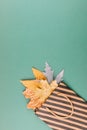 Autumn composition with golden leaves in gift bag on green paper background. Fall mockup with gold maple leaves. Flat lay, top Royalty Free Stock Photo