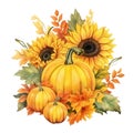 autumn composition with harvest, with pumpkins and sunflower flowers in vintage style.