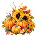 autumn composition with harvest, with pumpkins and sunflower flowers in vintage style