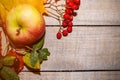 Autumn composition of leaves and berries on a light wooden background Royalty Free Stock Photo