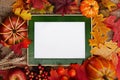 Autumn composition of autumn leaves, colorful pumpkins and apples. Top view, frame with space for text Royalty Free Stock Photo