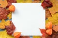 Autumn composition of maple leaves and square white paper. Flat lay, top view