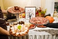 Beautifully decorated catering banquet table with different food