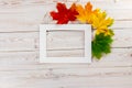Autumn composition. Multi-colored maple leaves: red, green and yellow around white frame on wooden background. Autumn, fall, Royalty Free Stock Photo