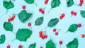 Autumn composition. Nature pattern: dry leaves, green leafs, red fruits Rowans isolated on pastel blue background. Flat lay autumn Royalty Free Stock Photo