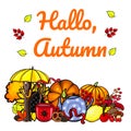 Autumn composition pumpkins and mushrooms. hand drawn vector