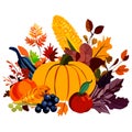 Autumn composition. Pumpkin, corn, leaves, berries. Vector illustration. generative AI