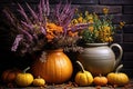 Autumn composition of pumpkin, heather and colorful flowers in pots