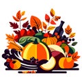 Autumn composition with pumpkins, apples, berries and leaves. Flat vector illustration. Generative AI