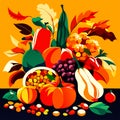 Autumn composition with pumpkins, apples, berries and leaves. Vector illustration. generative AI