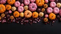 Autumn composition. Pumpkins and candies on black wooden background. Top view, flat lay