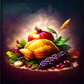 Autumn composition, pumpkins, grapes, leaves on a dark background AI Generated