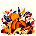 Autumn composition. Pumpkins, leaves, berries, acorns, corn. Flat vector illustration. generative AI