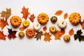 Autumn composition. Pumpkins, leaves on white background. Flat lay, top view, copy space Royalty Free Stock Photo