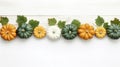Autumn composition. Pumpkins, leaves on white wooden background. Flat lay, top view, copy space Generative AI