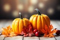 Autumn composition of pumpkins and maple leaves on wooden background. Generative AI Royalty Free Stock Photo