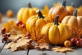 Autumn composition of pumpkins and maple leaves on wooden background. Generative AI Royalty Free Stock Photo