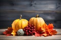 Autumn composition of pumpkins and maple leaves on wooden background. Generative AI Royalty Free Stock Photo