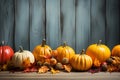 Autumn composition of pumpkins and maple leaves on wooden background. Generative AI Royalty Free Stock Photo