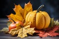 Autumn composition of pumpkins and maple leaves on wooden background. Generative AI Royalty Free Stock Photo
