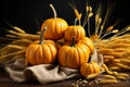 Autumn composition of pumpkins on sackcloth background. Generative AI