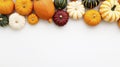 Autumn composition. Pumpkins on white background. Flat lay, top view, copy space Generative AI