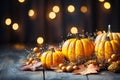 Autumn composition of pumpkins with yellow berries and maple leaves on wooden background. Generative AI Royalty Free Stock Photo