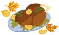 Autumn composition of ready-made turkey and foliage. Autumn seasonal cozy decor. Imagine a ready-made turkey with lemon