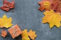 Autumn composition. Maple leaves and gift box. Flat lay, top view