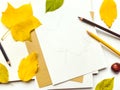 Autumn composition with sketchbook and pencils, decorated with yellow and green leaves. Flat lay, top view