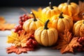 Autumn composition of small pumpkins and maple leaves on wooden background. Generative AI Royalty Free Stock Photo