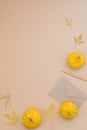 Autumn composition with small yellow pumpkins, fallen maple leaves, envelope, pen and scissors on a beige background with copy Royalty Free Stock Photo