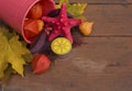 Autumn composition with a starfish, candle, fizalis and yellow leaves Royalty Free Stock Photo