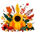 Autumn composition with sunflower, leaves and berries. Vector illustration. Generative AI