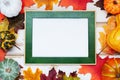 Autumn composition. Thanksgiving holiday concept. Photo frame, pumpkins on a white background Royalty Free Stock Photo