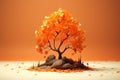 Autumn composition. Autumn tree standing on the orange background. Background or banner template for the design of fall