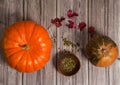 Two pumpkins, red autumn maple leaves, pumpkin seeds on a wooden background. Royalty Free Stock Photo