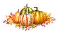 Watercolor pumpkins and autumn yellow leaves