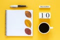 Calendar November 10 cup of coffee, notepad with pen and yellow leaf on yellow background Royalty Free Stock Photo