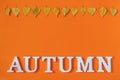 Autumn composition. Word Autumn from white letters and bright autumn leaves herbarium on orange paper background. Concept Hello