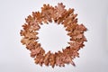 Autumn composition. Wreath made of autumn dried oak leaves on white background. Fall concept. Autumn thanksgiving texture. Royalty Free Stock Photo