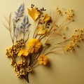 Autumn composition. Yellow flowers and grass on yellow background. Flat lay, top view