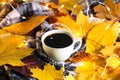 Autumn composition. Autumn yellow leaves, hot cup of coffee and a warm cozy blanket. Autumn mood and morning coffee. Close-up