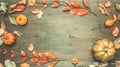 Autumn composition, yellow leaves, small pumpkins frame on wooden background, space for text flat lay Royalty Free Stock Photo