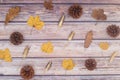 Autumn concept. Autumn decoration with leaves and details on wooden theme Royalty Free Stock Photo